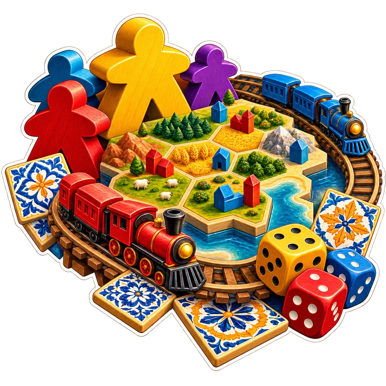 Plance, tessere colorate, trenini e pedine dei giochi da tavolo